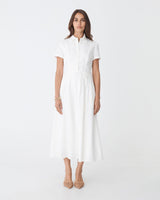 Sophie Pleat Waist Linen Dress in ivory — full-length view
