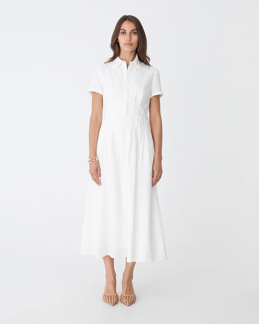 Sophie Pleat Waist Linen Dress in ivory — full-length view