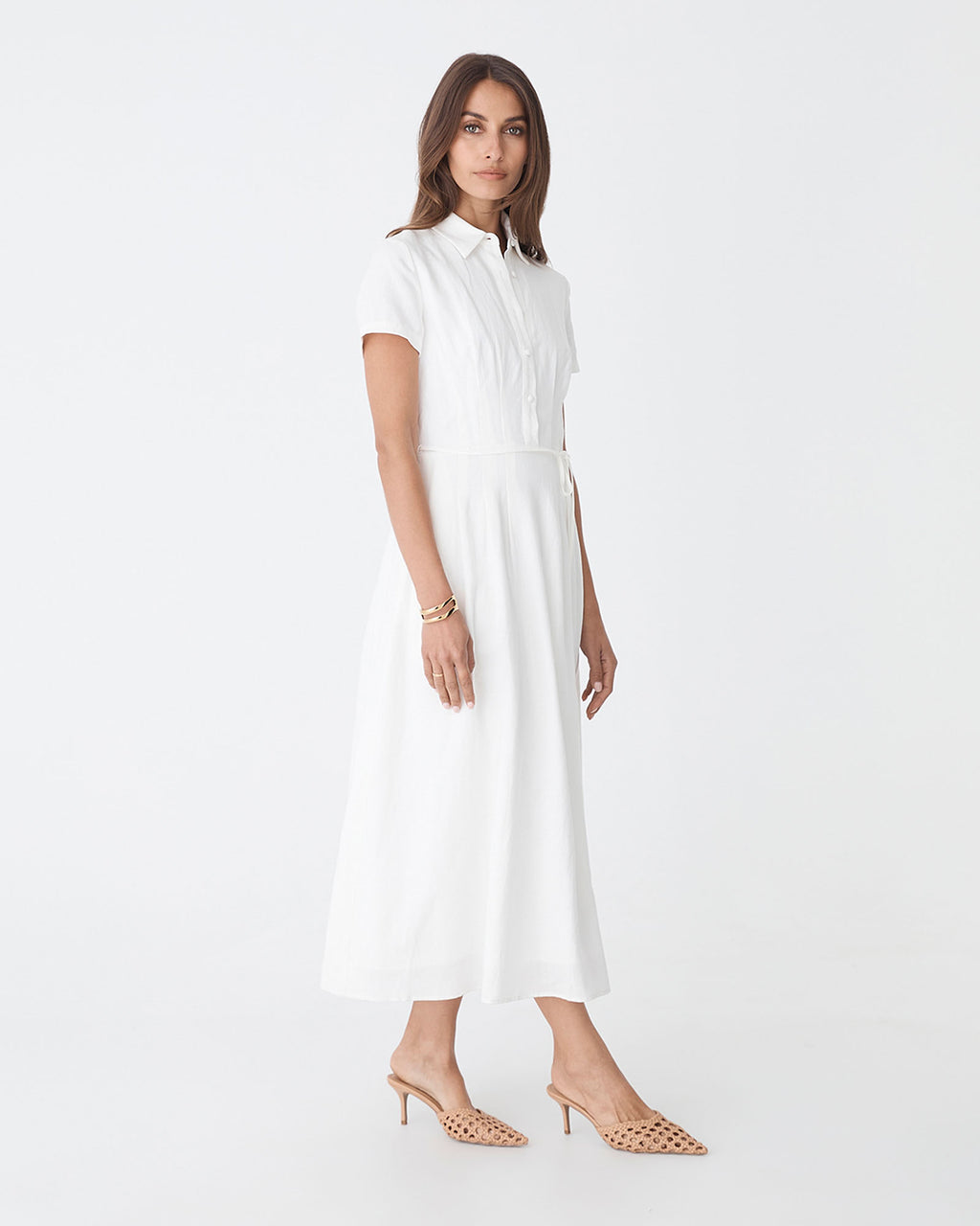 Sophie Pleat Waist Linen Dress in ivory — side view