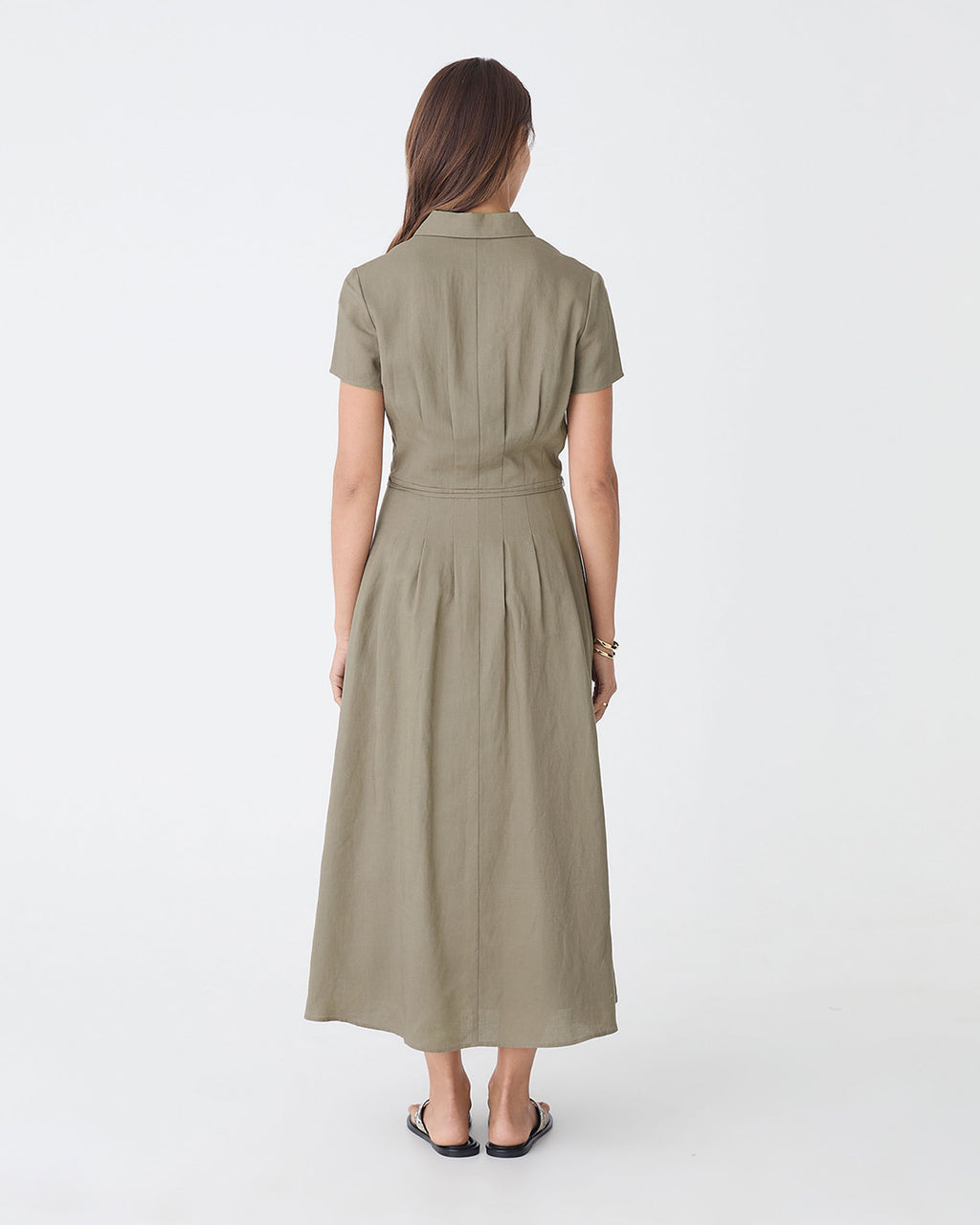 Sophie Pleat Waist Linen Dress in khaki — back view