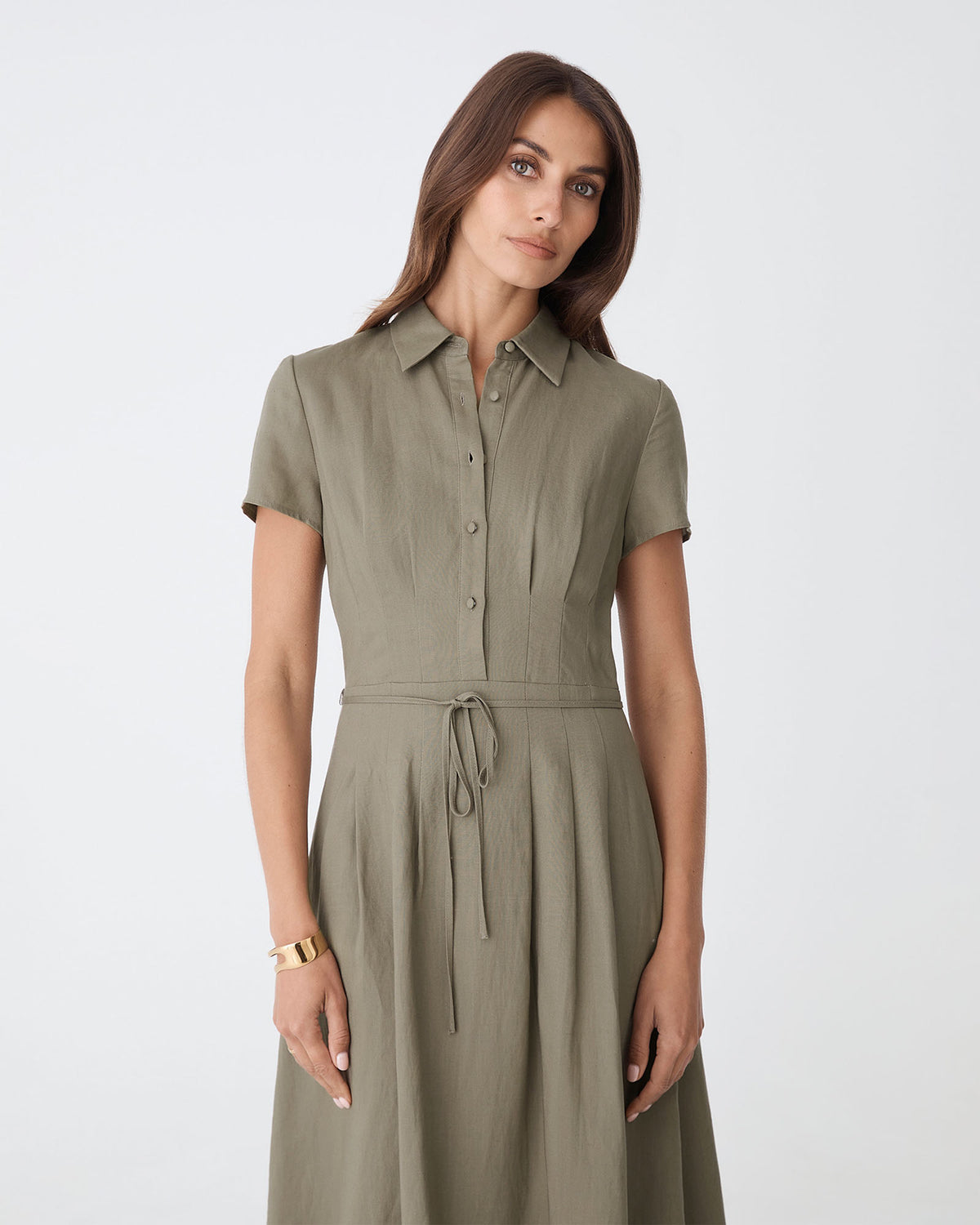 Sophie Pleat Waist Linen Dress in khaki — close-up view