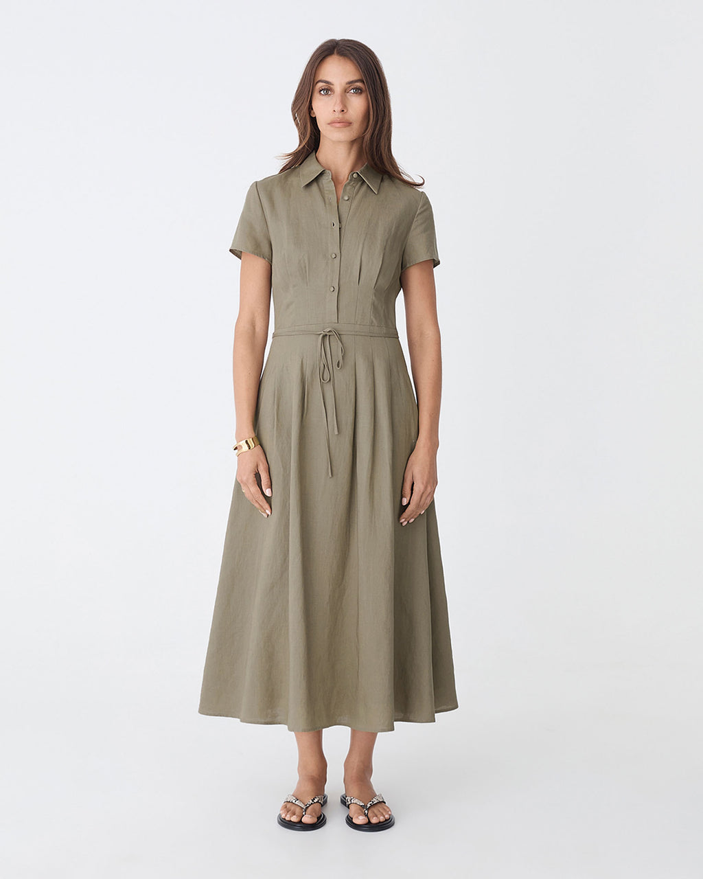 Sophie Pleat Waist Linen Dress in khaki — full-length view