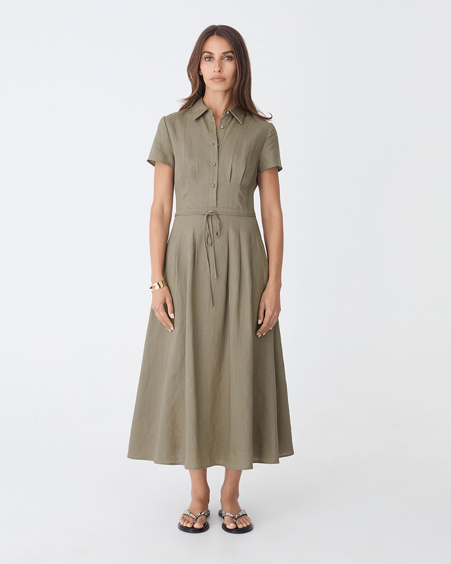 Sophie Pleat Waist Linen Dress in khaki — full-length view