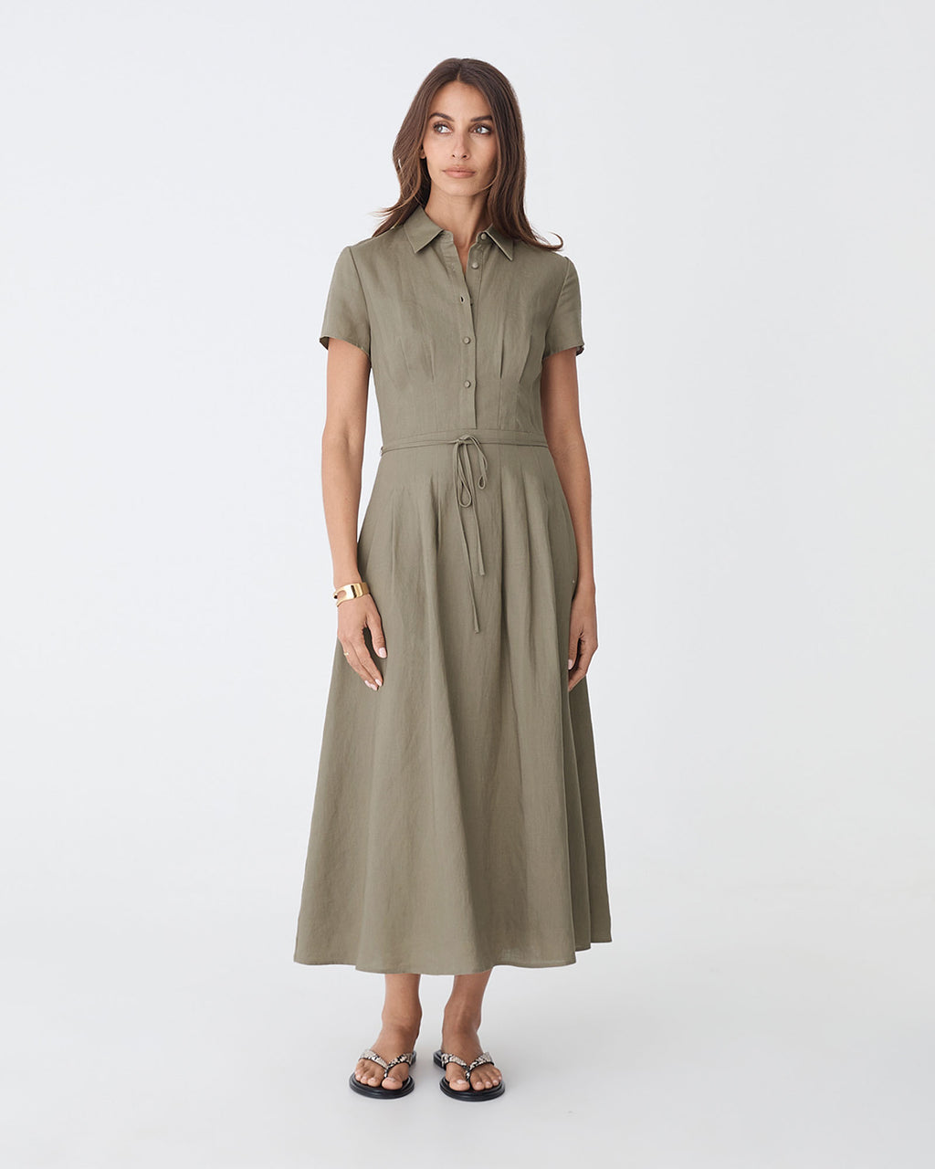 Sophie Pleat Waist Linen Dress in khaki — full-length view 2