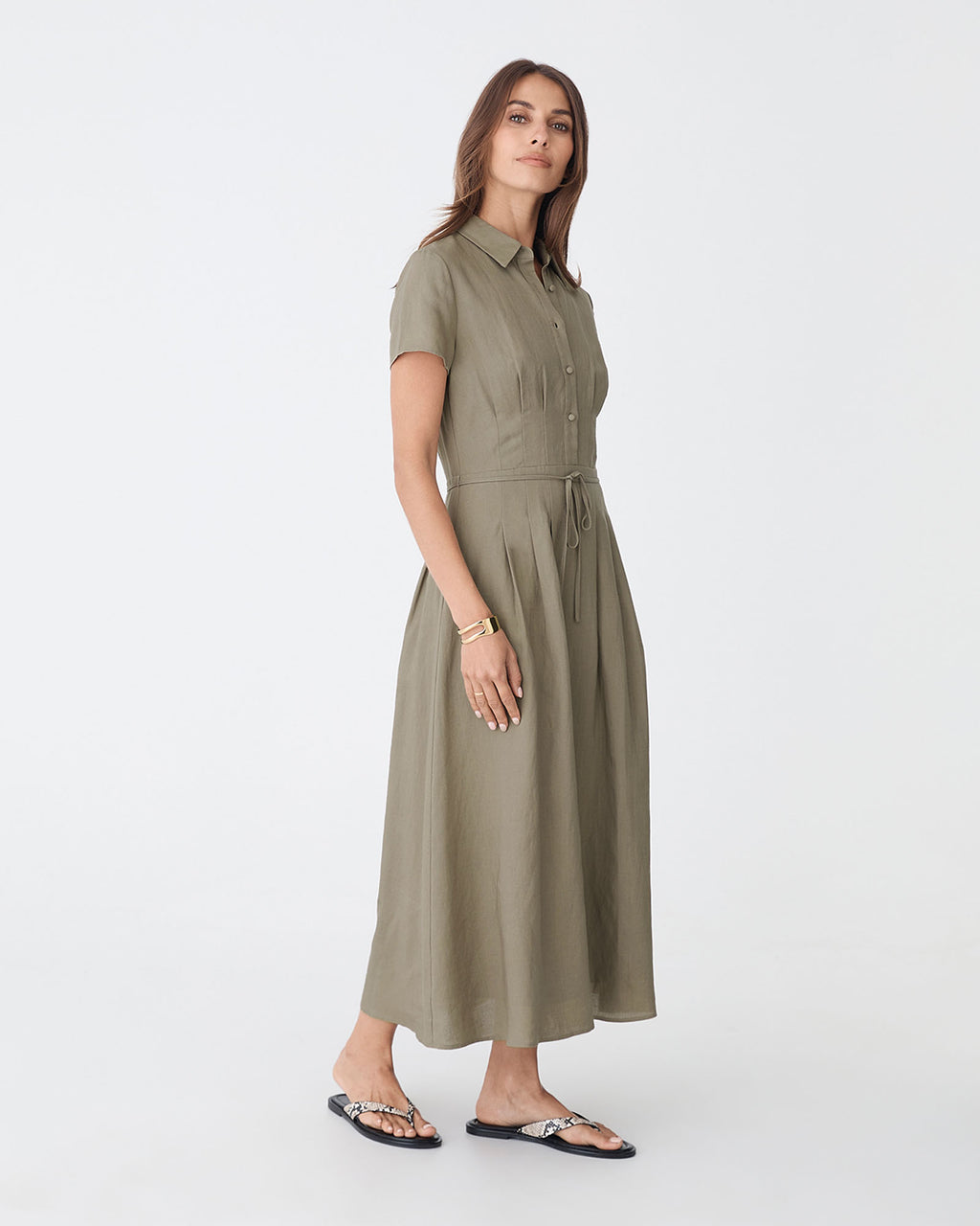Sophie Pleat Waist Linen Dress in khaki — side view