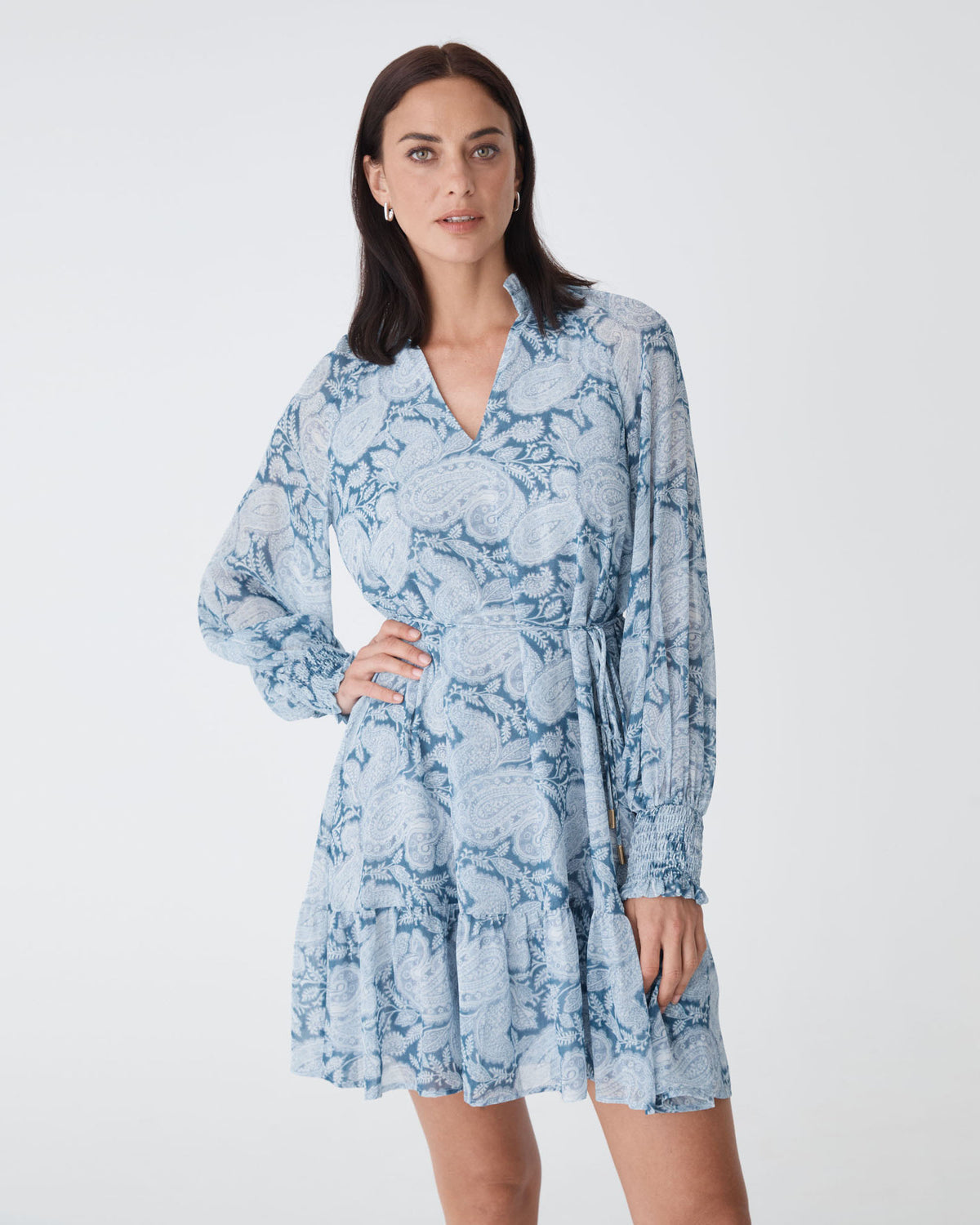 Angie Long Sleeve Dress in blue paisley — close-up view