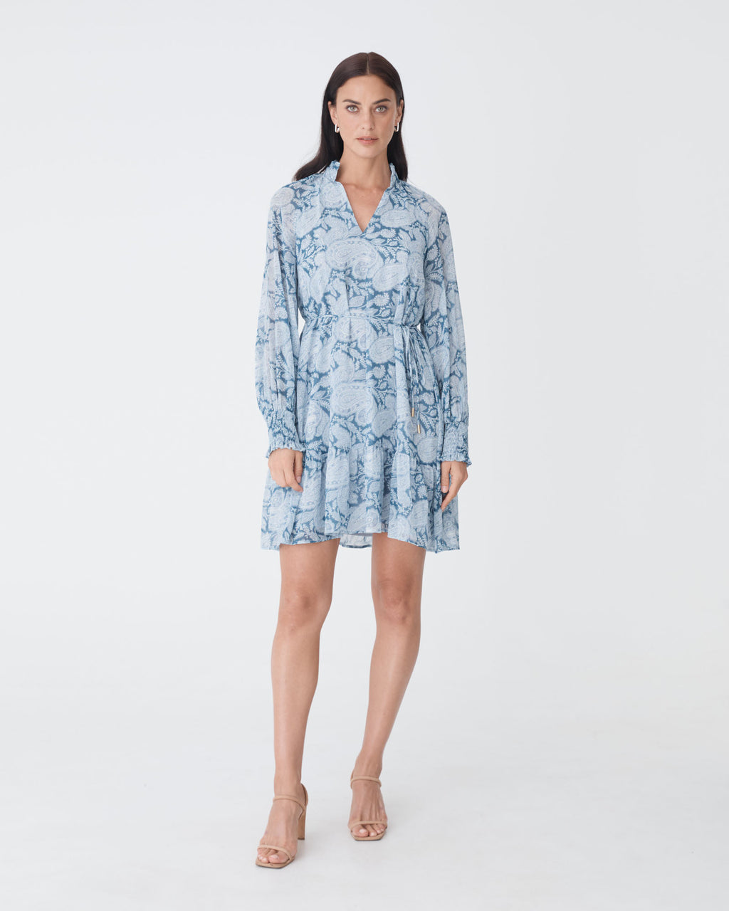 Angie Long Sleeve Dress in blue paisley — full-length view