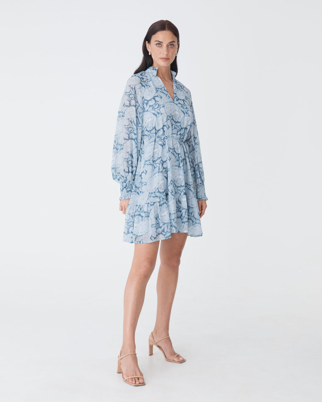Angie Long Sleeve Dress in blue paisley — side view