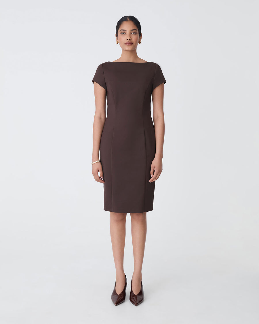 Safira Fitted Dress in chocolate — full-length view