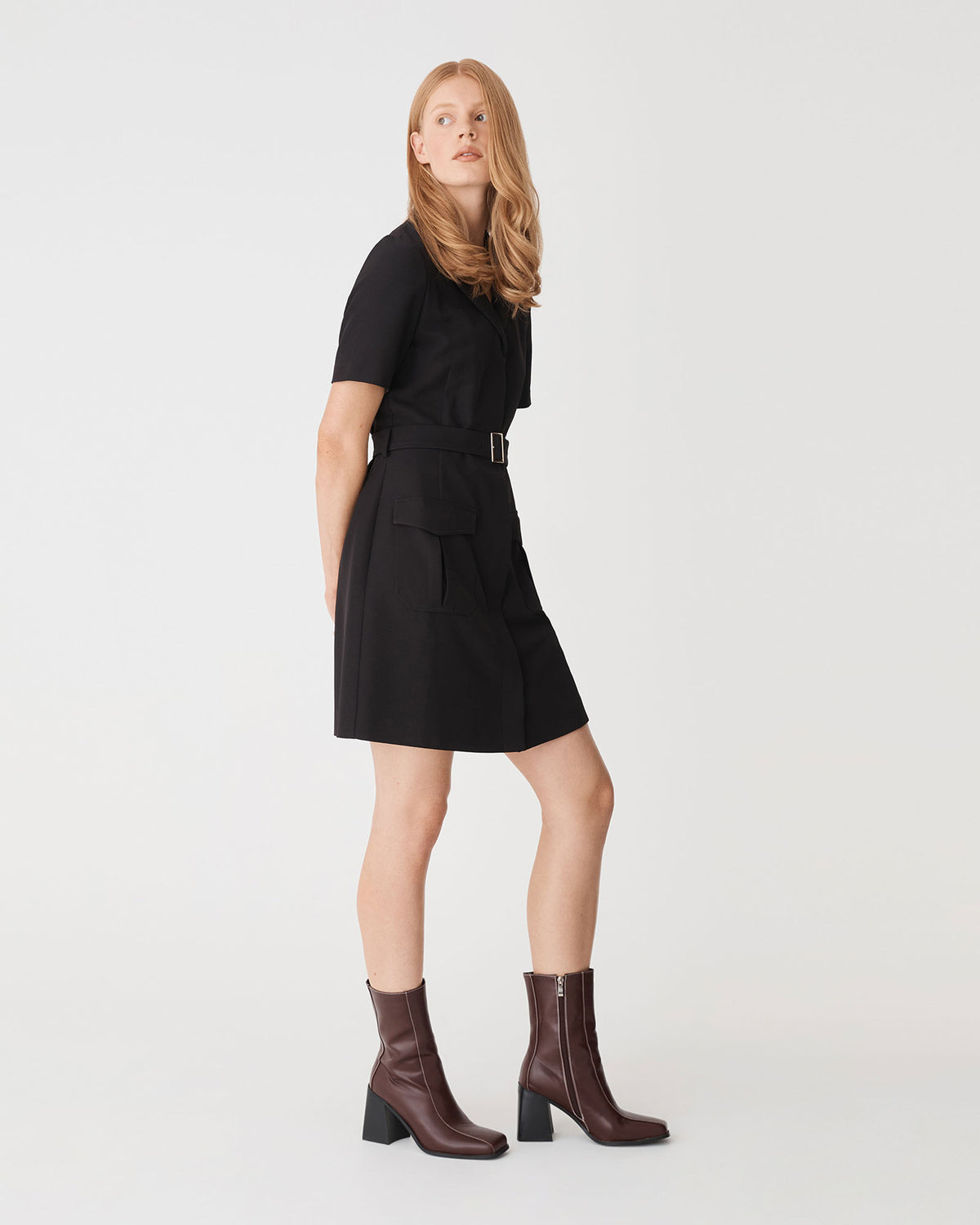 Stevie Utility Mini Dress in black — side view