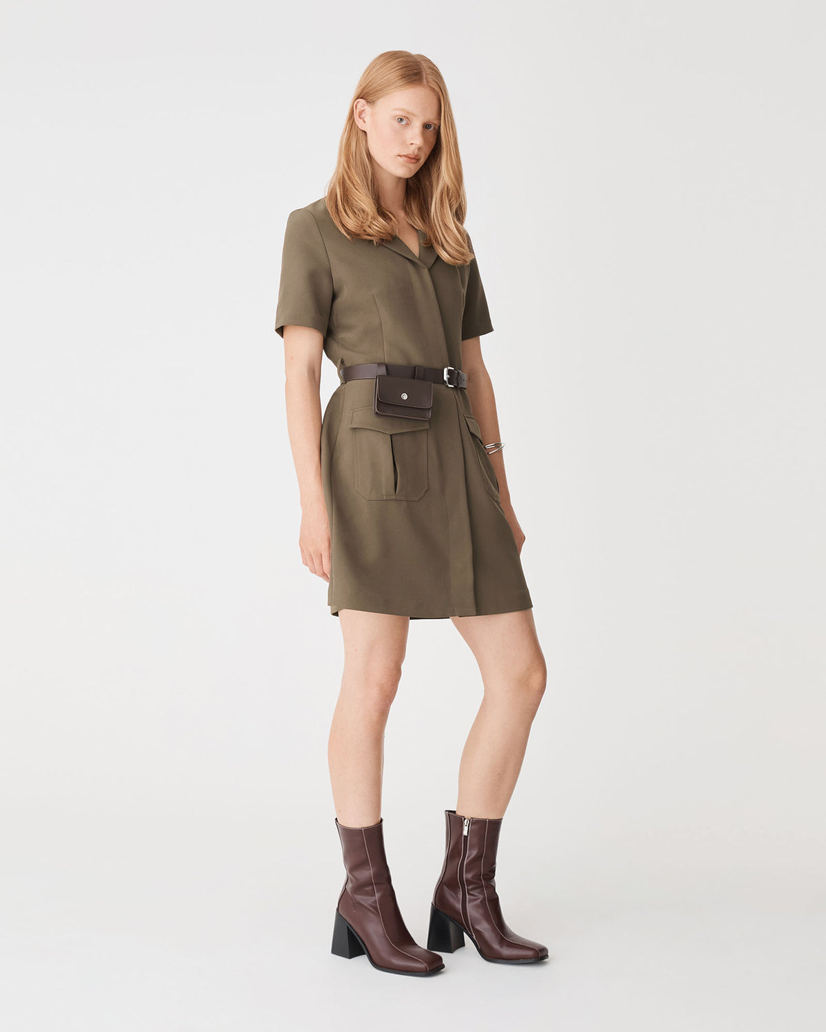 Stevie Utility Mini Dress in khaki — side view