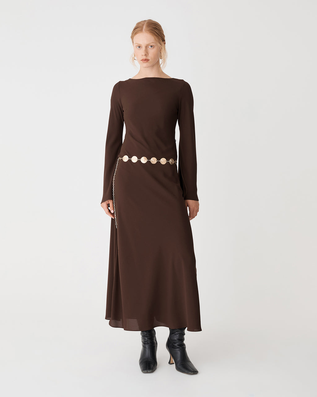 Quinn Bias Tie Waist Dress in chocolate — full-length view