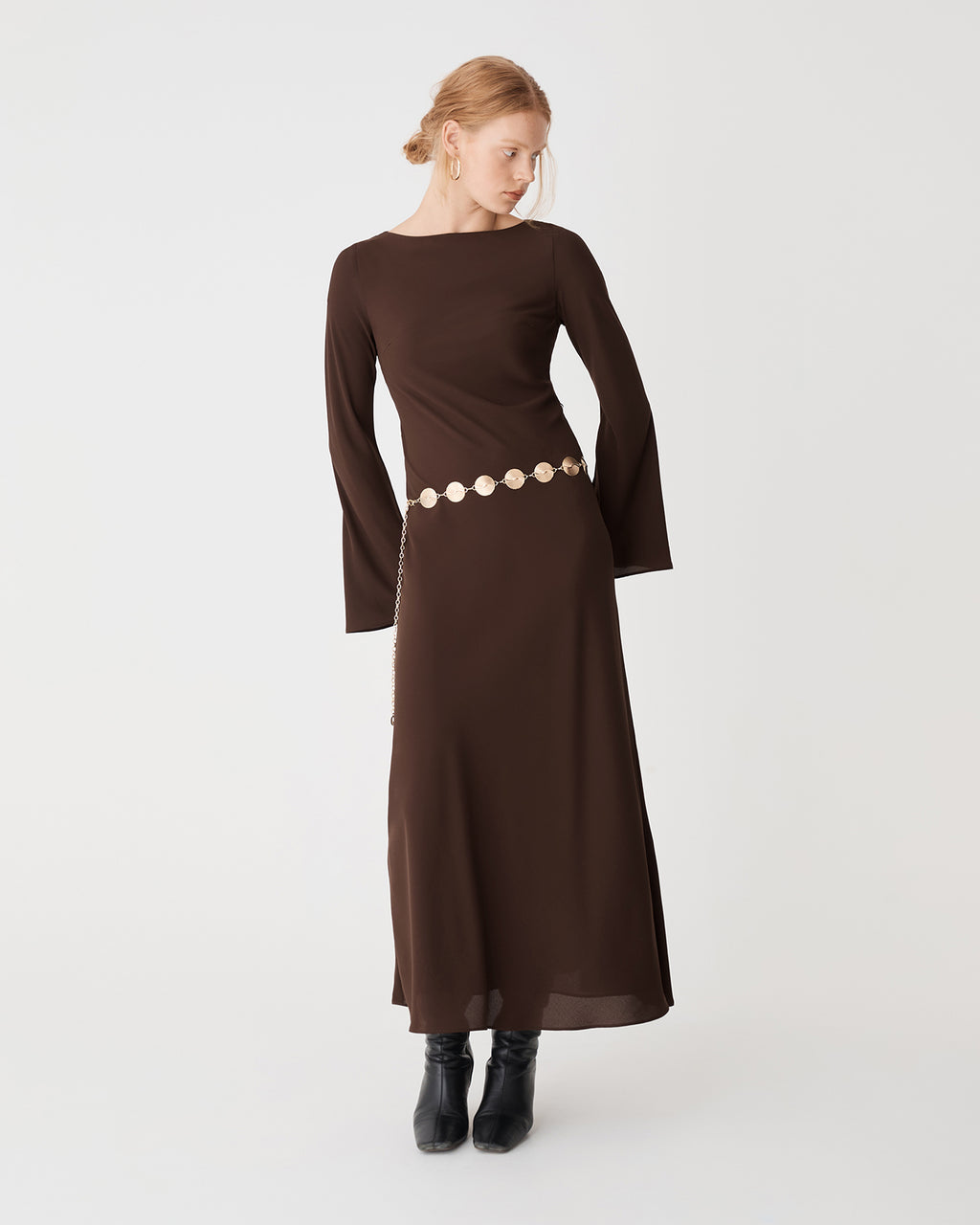 Quinn Bias Tie Waist Dress in chocolate — full-length view 2