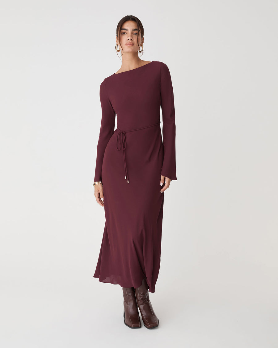 Quinn Bias Tie Waist Dress in merlot — full-length view