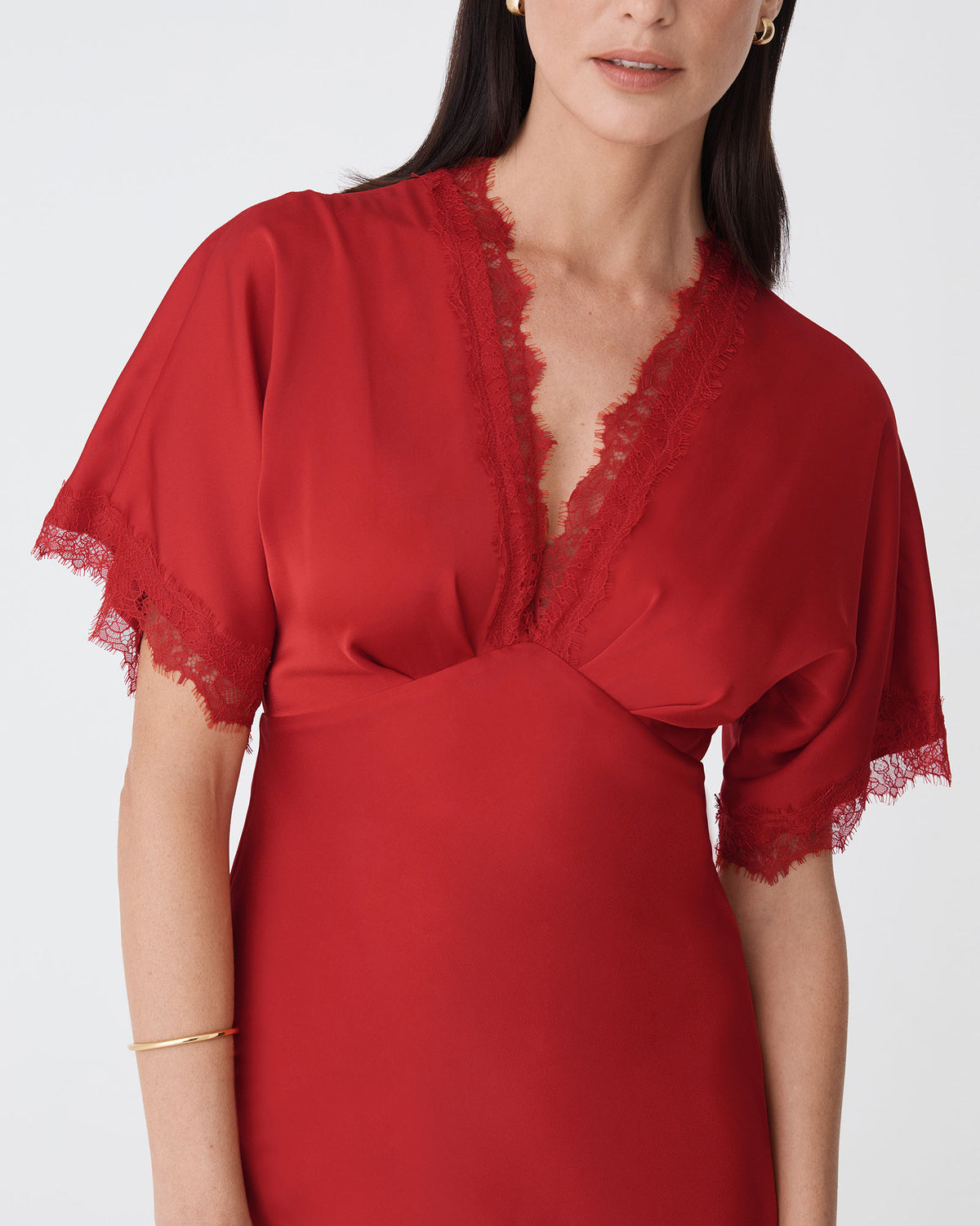 Cleo Lace Trim Satin Dress in scarlet — fabric detail