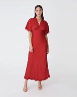 Cleo Lace Trim Satin Dress in scarlet — full-length view