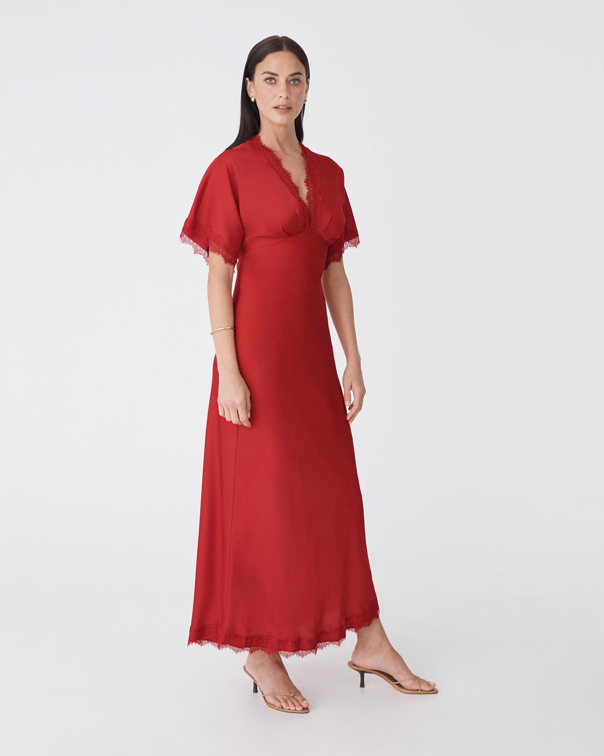Cleo Lace Trim Satin Dress in scarlet — side view