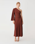 Cleo One Shoulder Satin Dress in brick — full-length view
