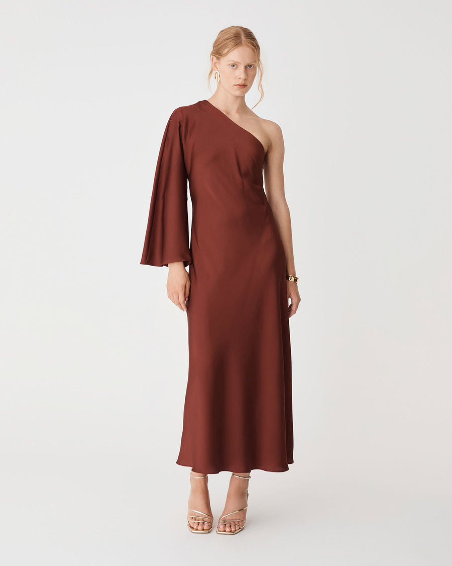 Cleo One Shoulder Satin Dress in brick — full-length view