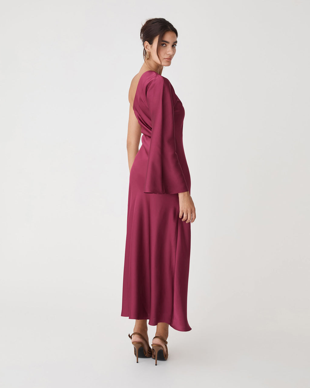 Cleo One Shoulder Satin Dress in grenache — back view