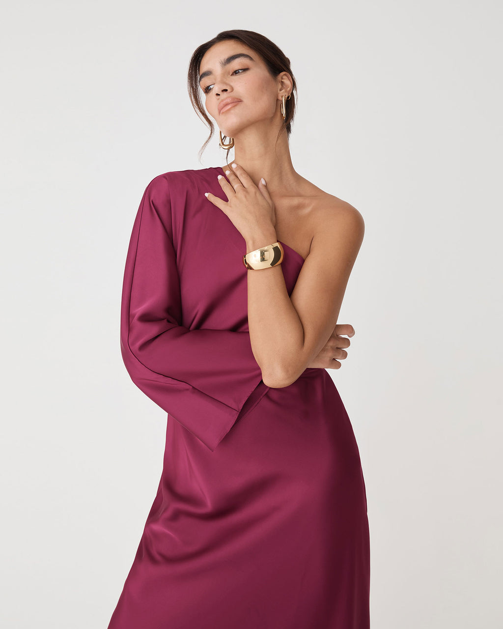 Cleo One Shoulder Satin Dress in grenache — close-up view