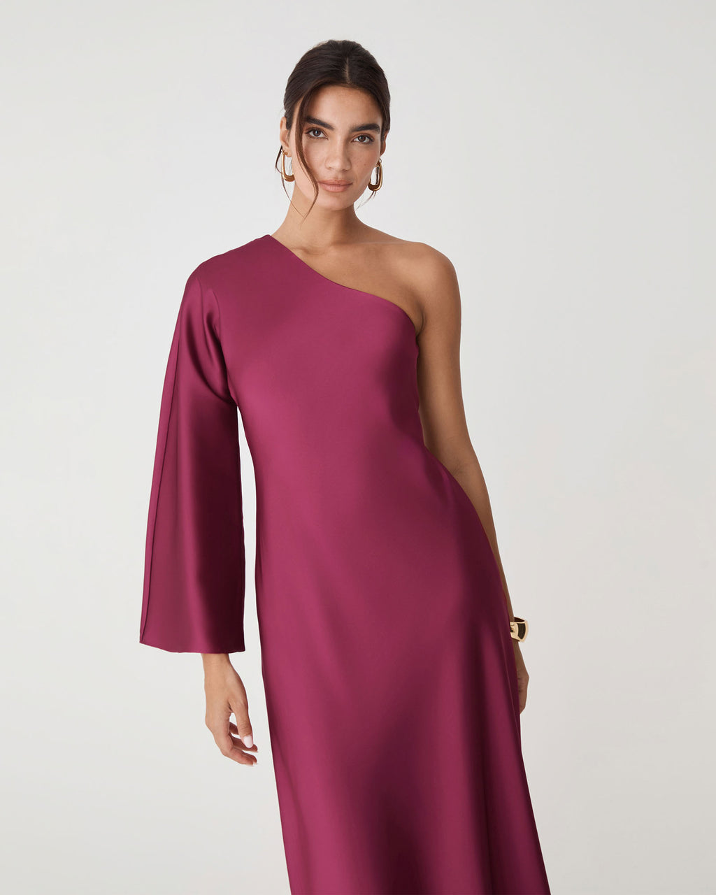 Cleo One Shoulder Satin Dress in grenache — close-up view 2