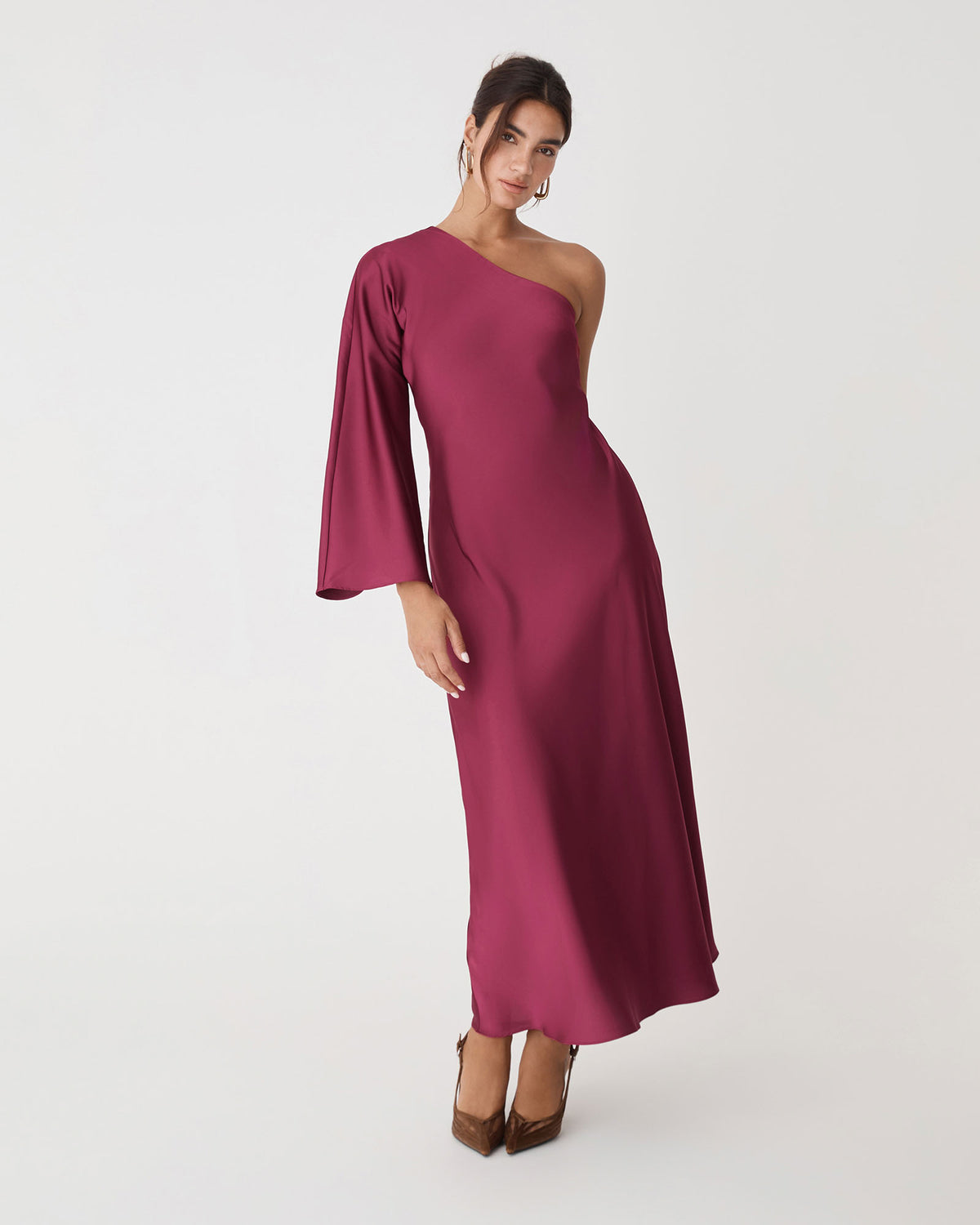 Cleo One Shoulder Satin Dress in grenache — full-length view