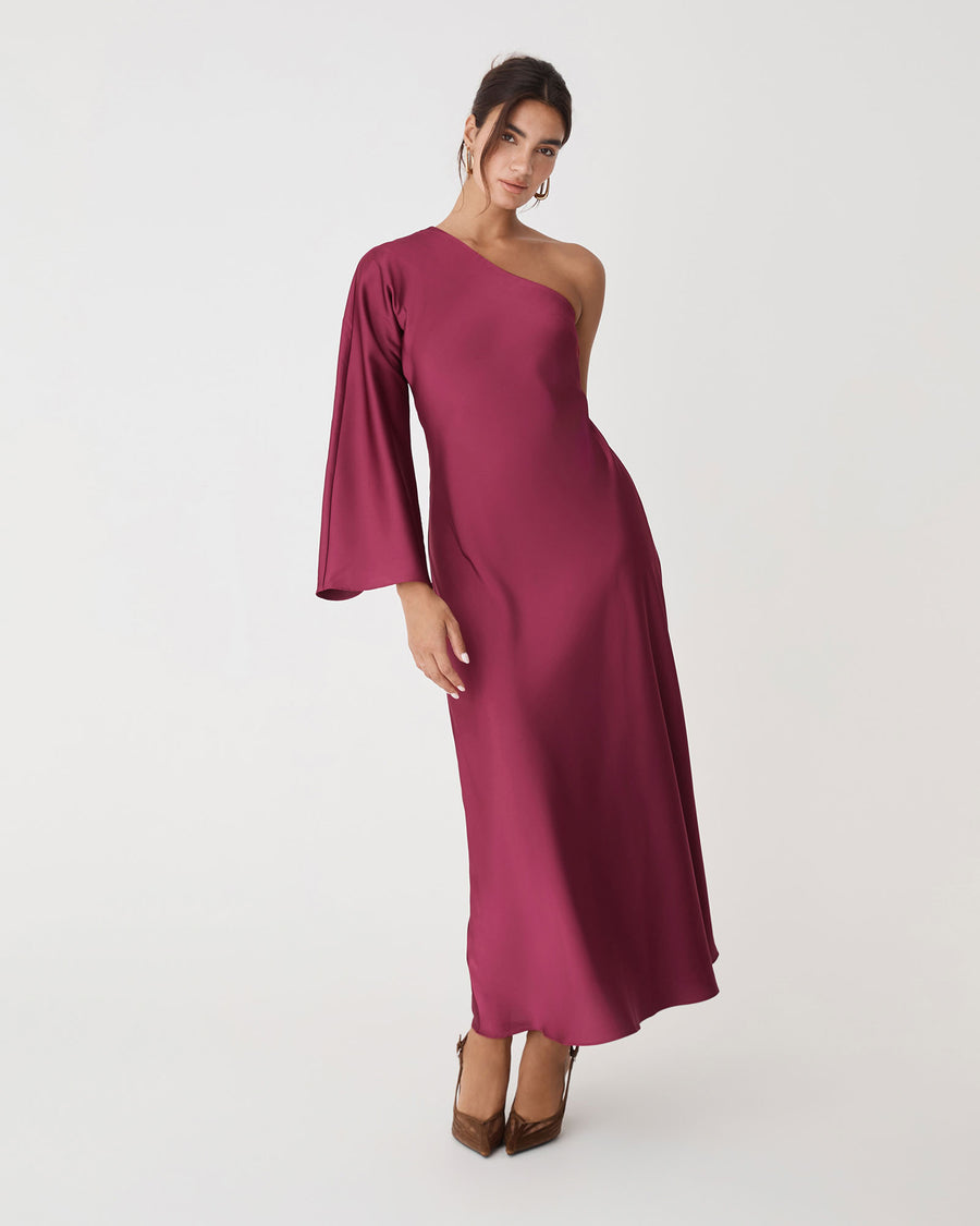 Cleo One Shoulder Satin Dress in grenache — full-length view