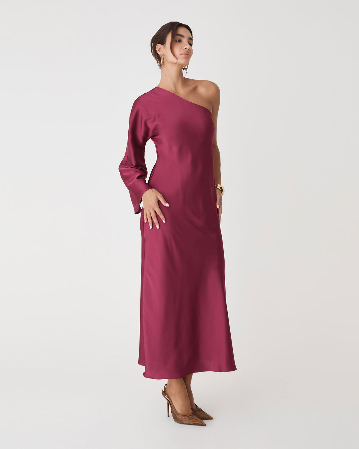 Cleo One Shoulder Satin Dress in grenache — side view