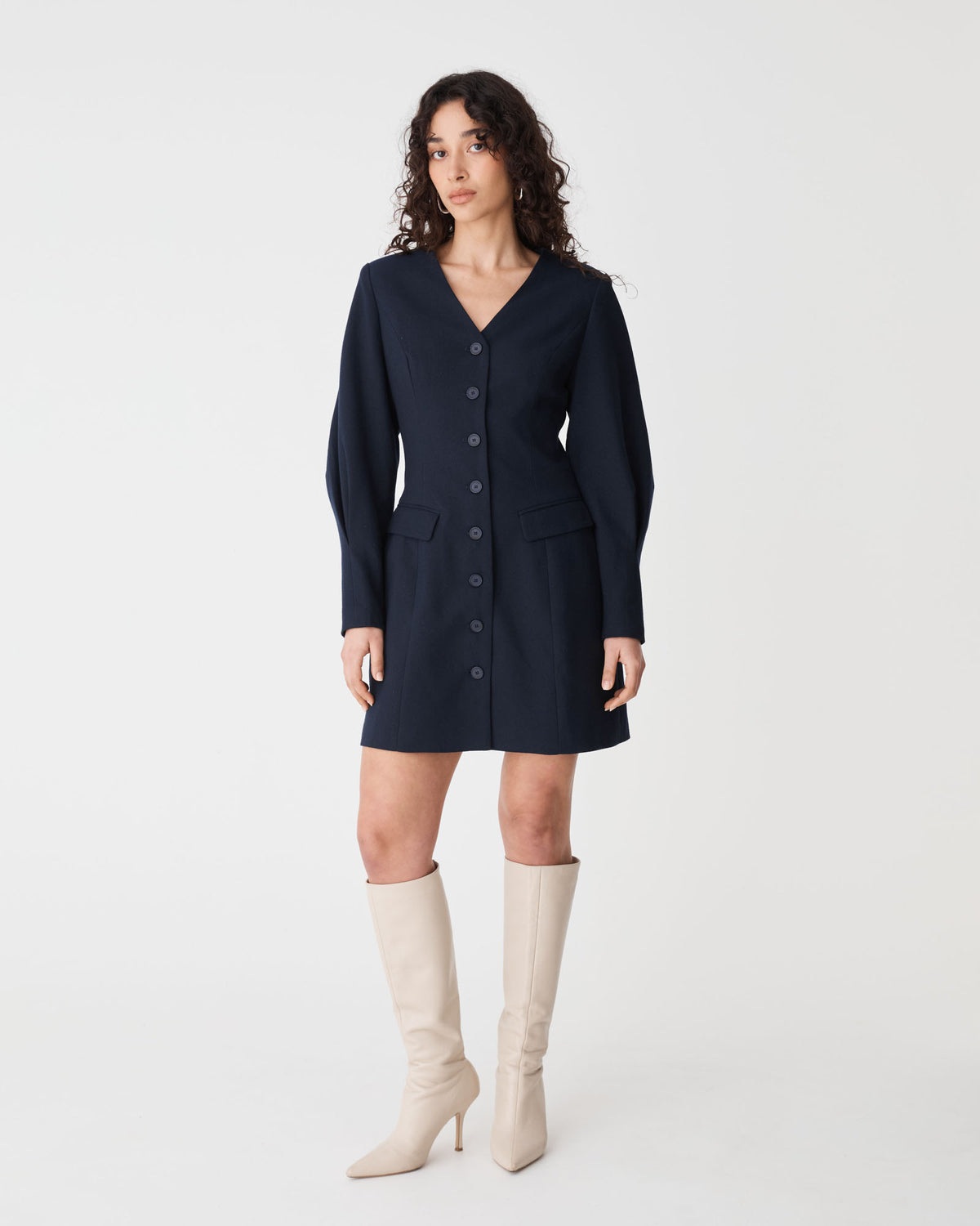 Dale Barrel Sleeve Dress in dark navy — full-length view