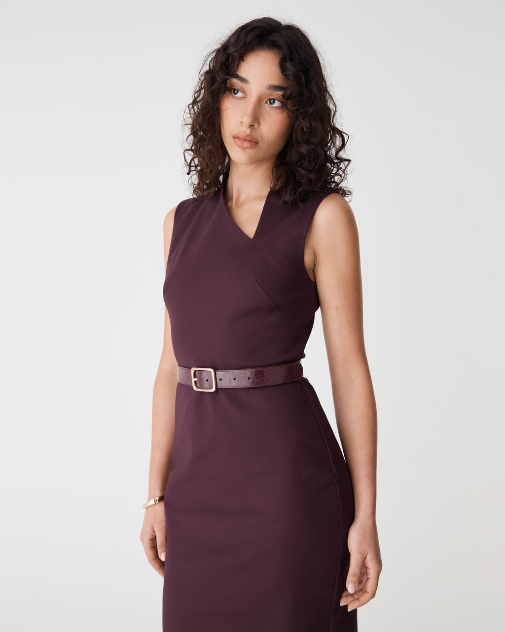 Fiona Asymmetric Pencil Dress in shiraz — close-up view