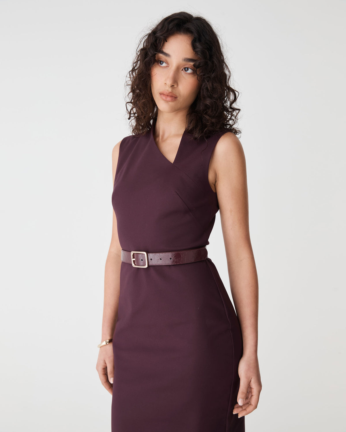Fiona Asymmetric Pencil Dress in shiraz — close-up view