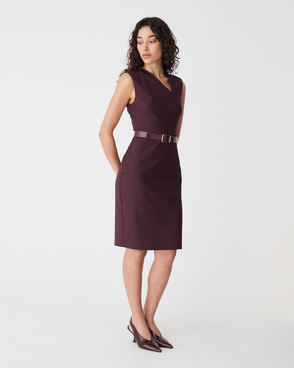 Fiona Asymmetric Pencil Dress in shiraz — side view