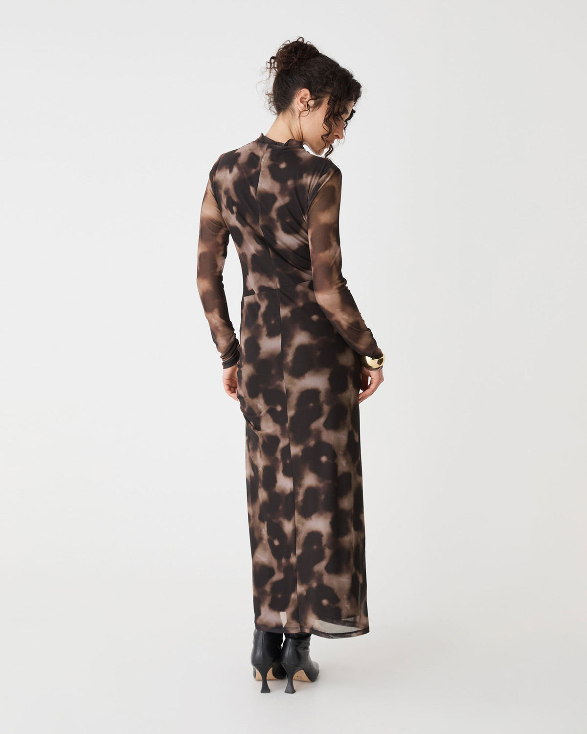 Savanna Printed Mesh Dress in brown abstract — back view