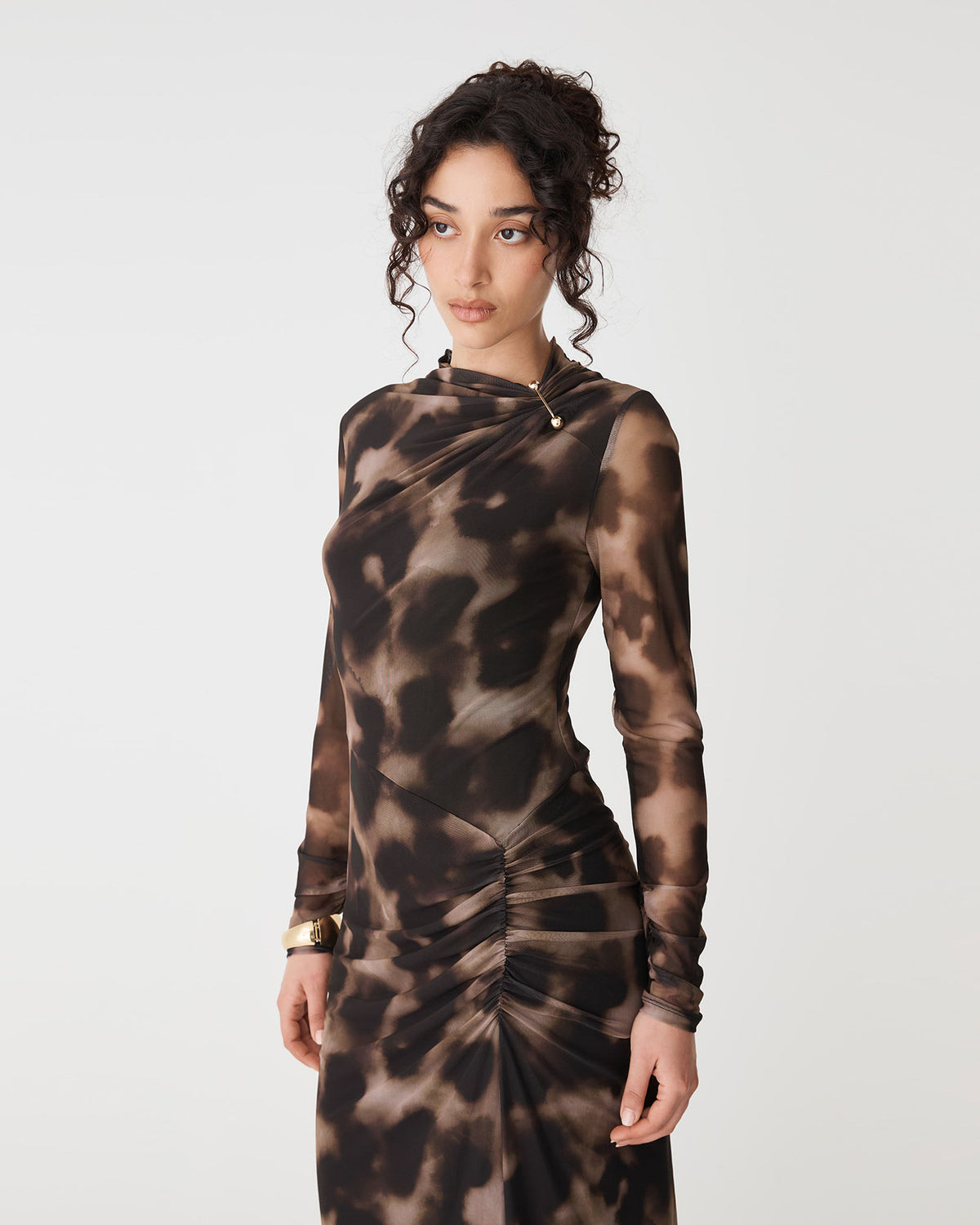 Savanna Printed Mesh Dress in brown abstract — close-up view