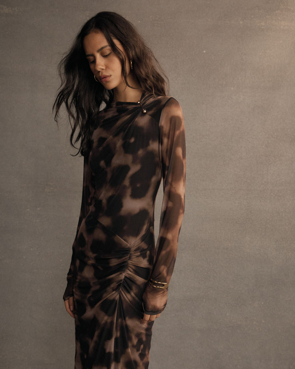 Savanna Printed Mesh Dress in brown abstract — close-up view 2