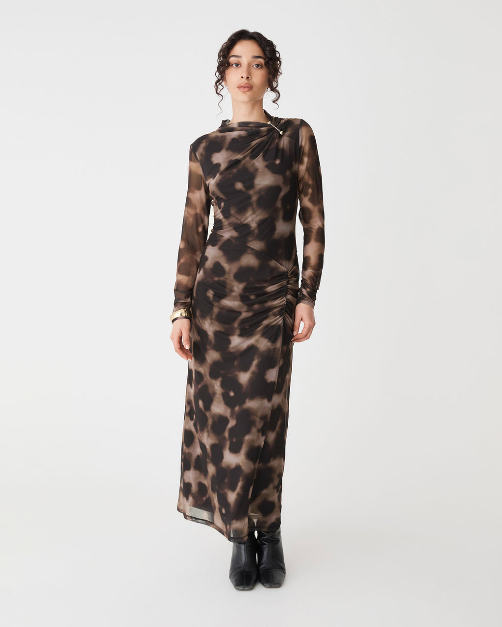 Savanna Printed Mesh Dress in brown abstract — full-length view