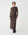 Savanna Printed Mesh Dress in brown abstract — full-length view