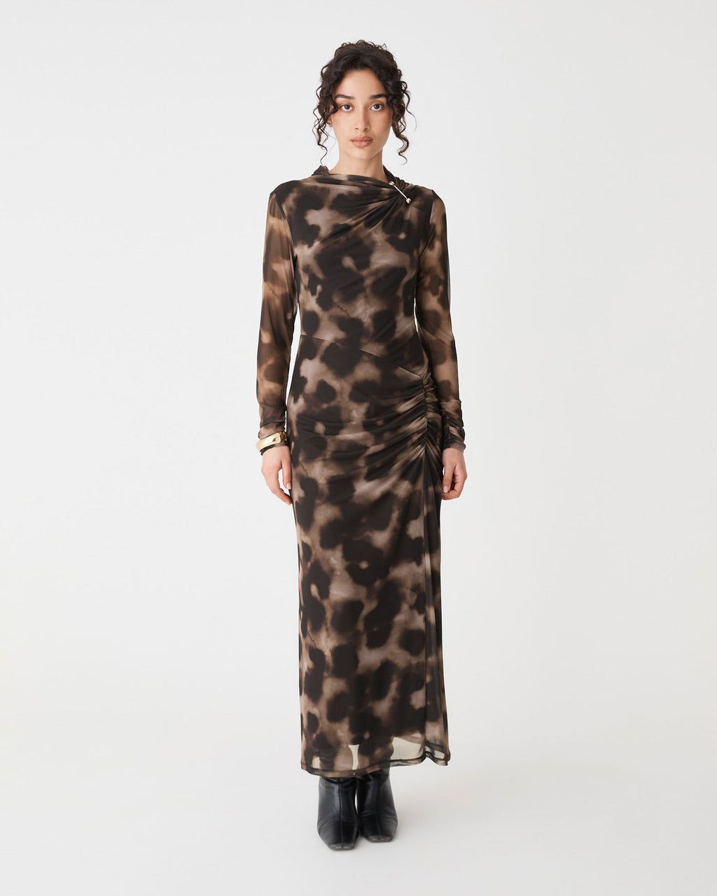 Savanna Printed Mesh Dress in brown abstract — full-length view 2