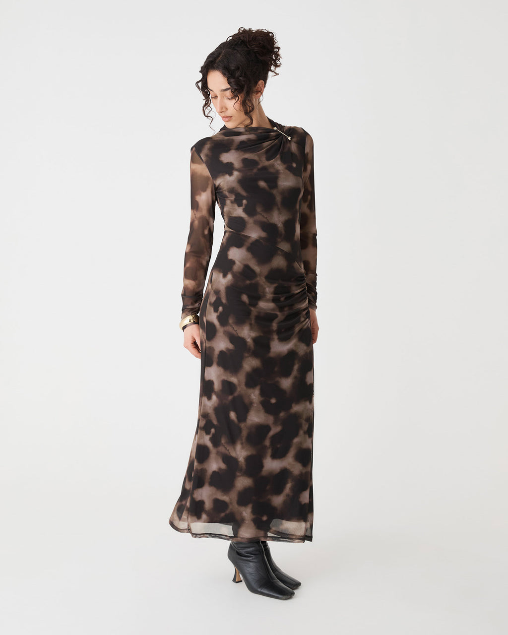 Savanna Printed Mesh Dress in brown abstract — side view