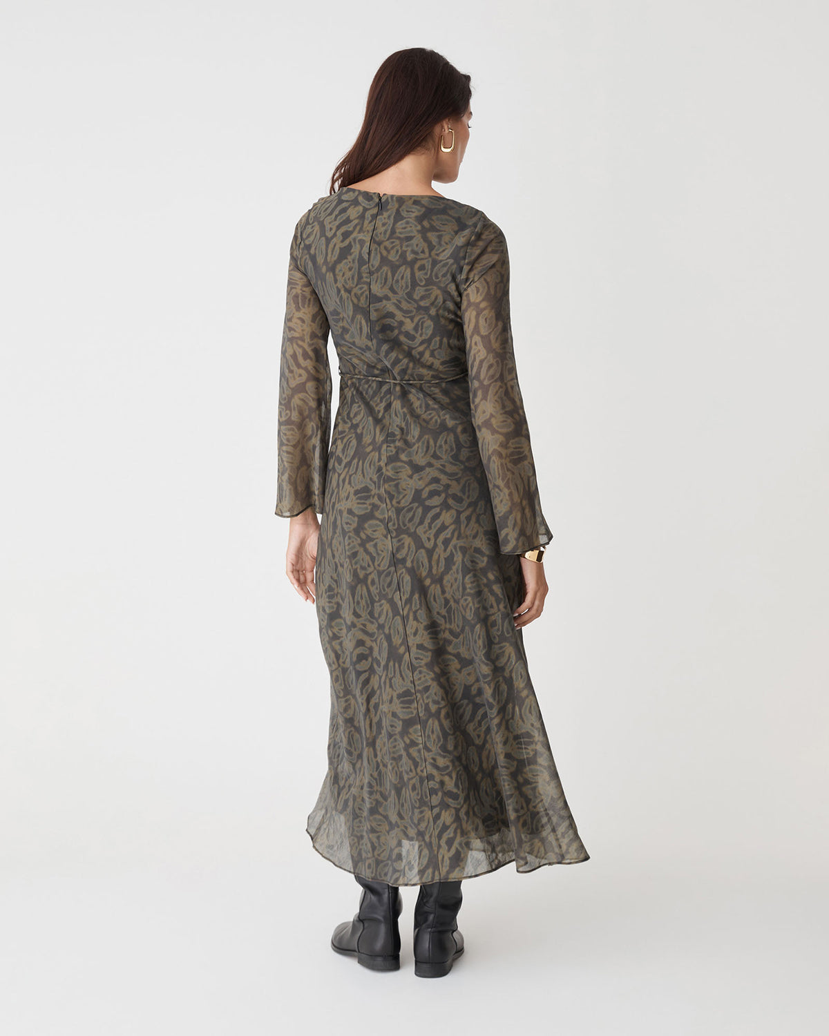 Imogen Bias Tie Waist Dress in olive abstract — back view