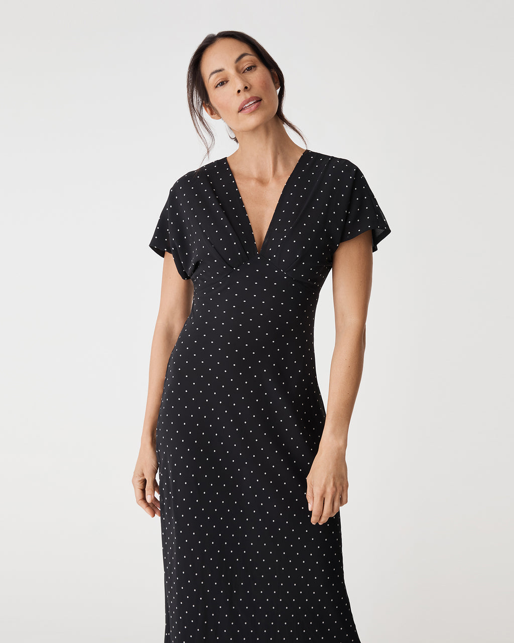 Elise V-Neck Bias Dress in black white dot — view 2