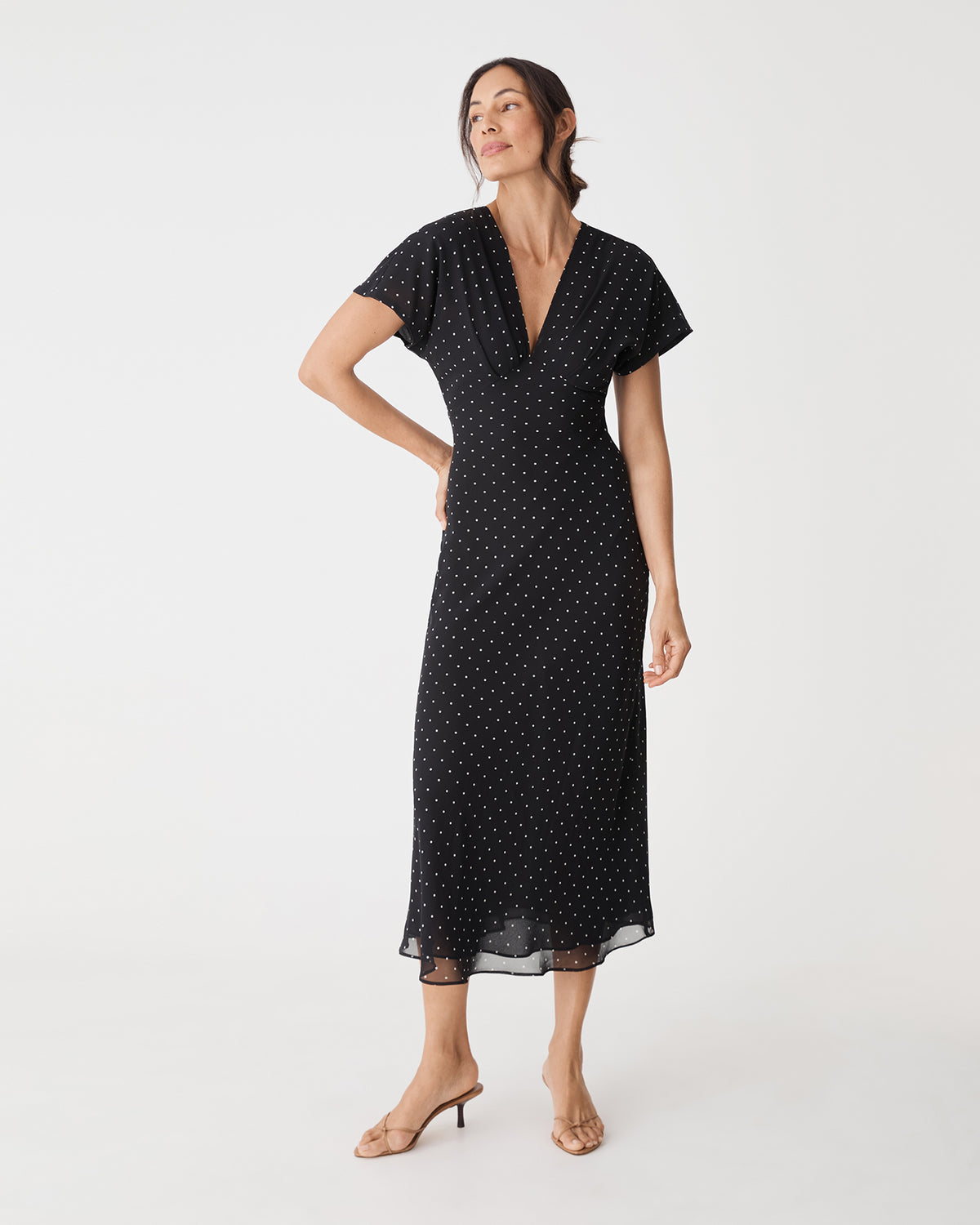 Elise V-Neck Bias Dress in black white dot — view 3