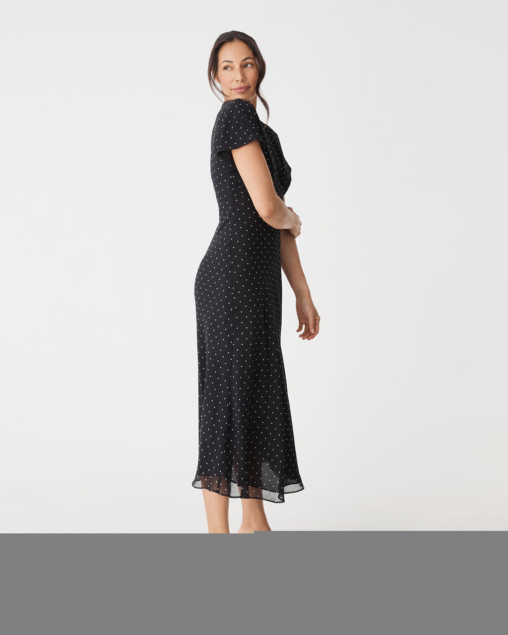 Elise V-Neck Bias Dress in black white dot — view 4