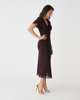 Elise V-Neck Bias Dress in chocolate dot — full-length view