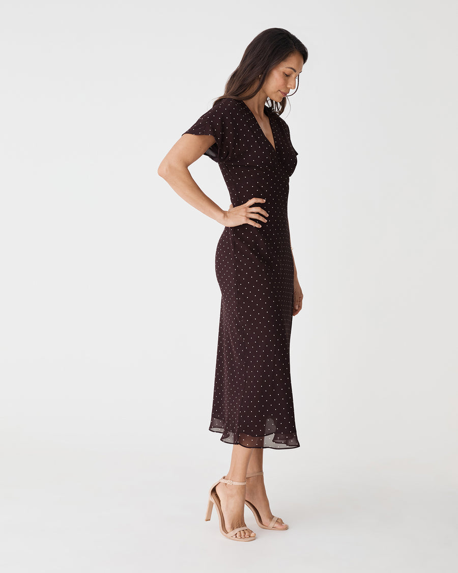 Elise V-Neck Bias Dress in chocolate dot — full-length view