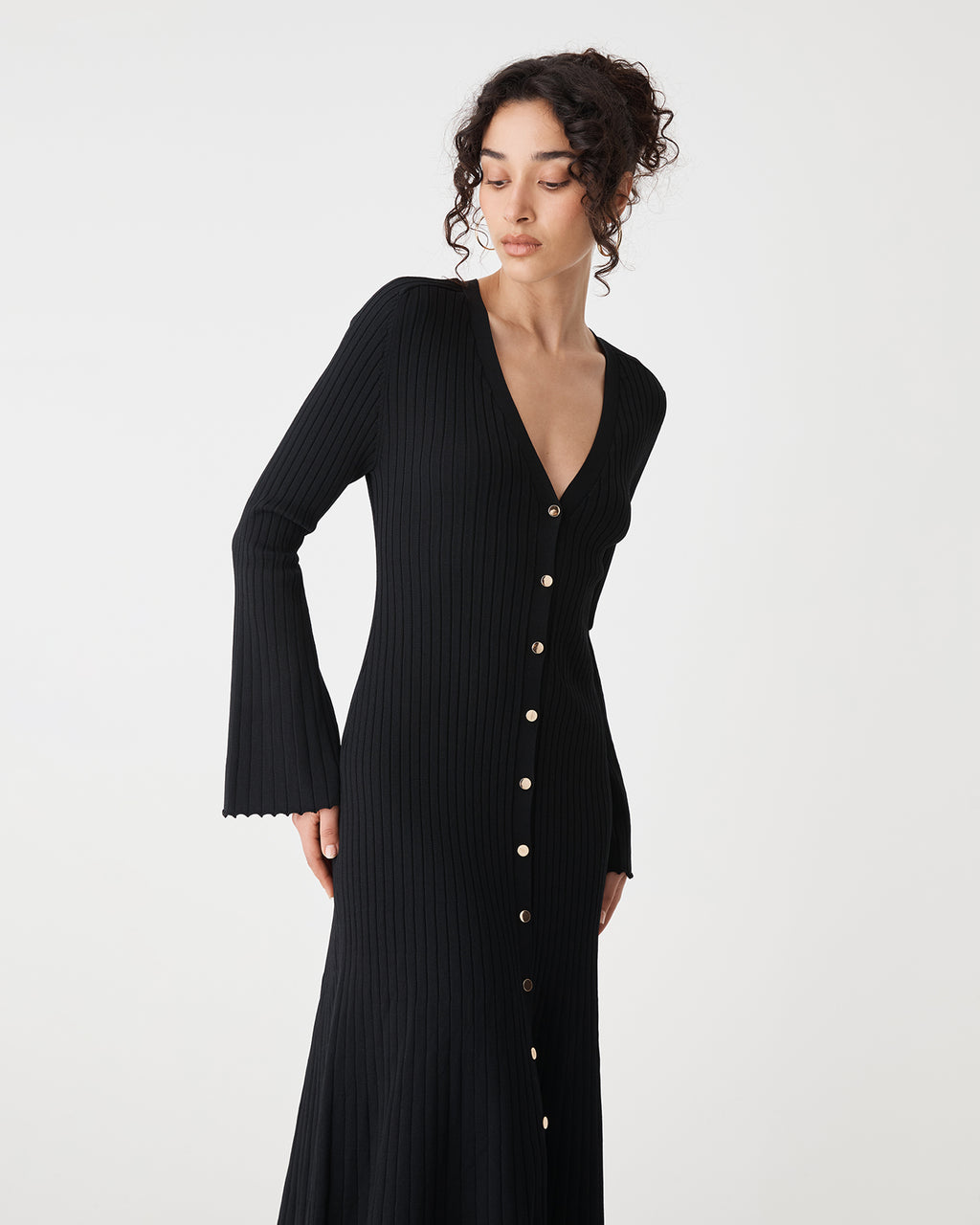 Danica V-Neck Rib Knit Dress in black — close-up view