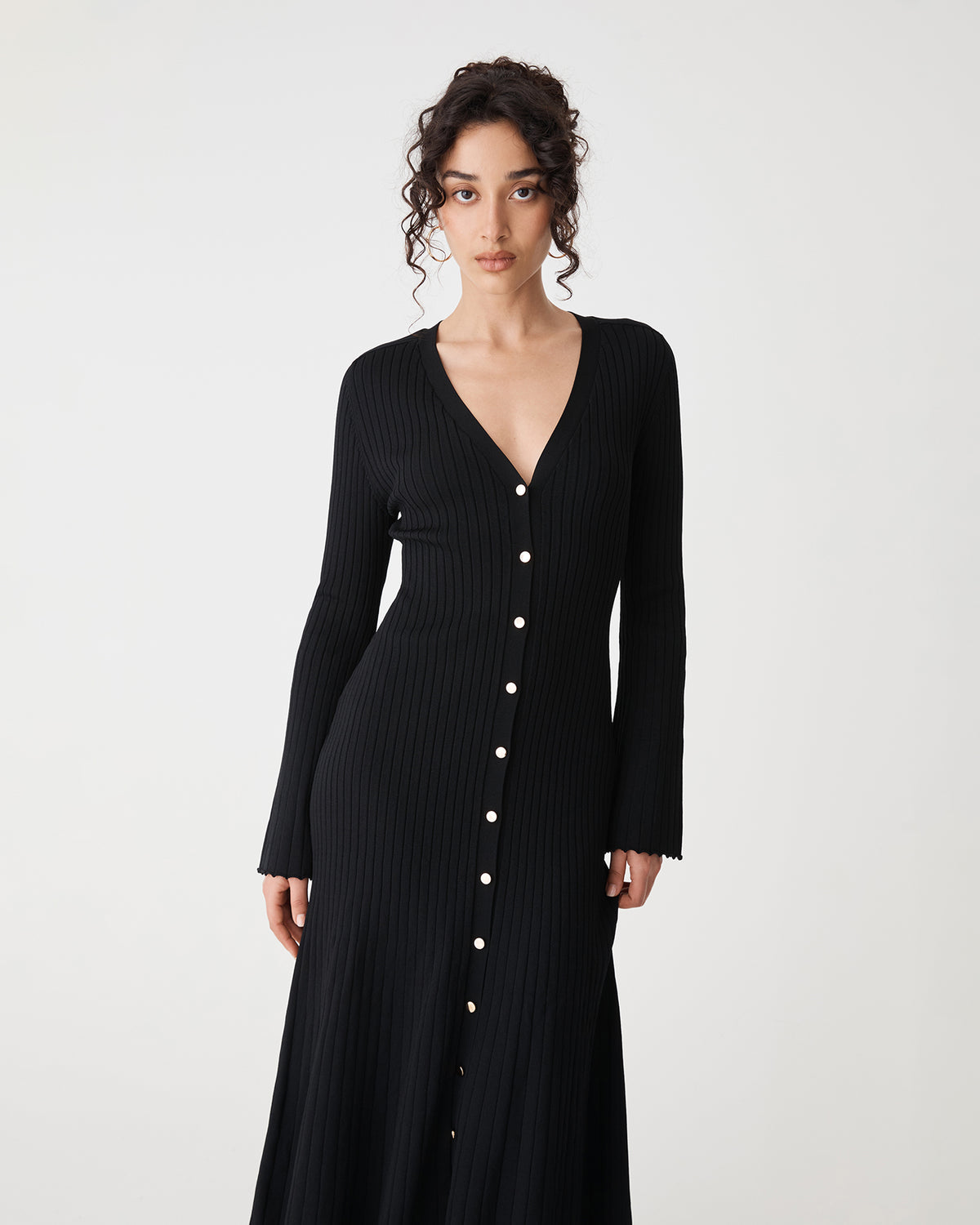 Danica V-Neck Rib Knit Dress in black — close-up view 2