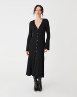 Danica V-Neck Rib Knit Dress in black — full-length view