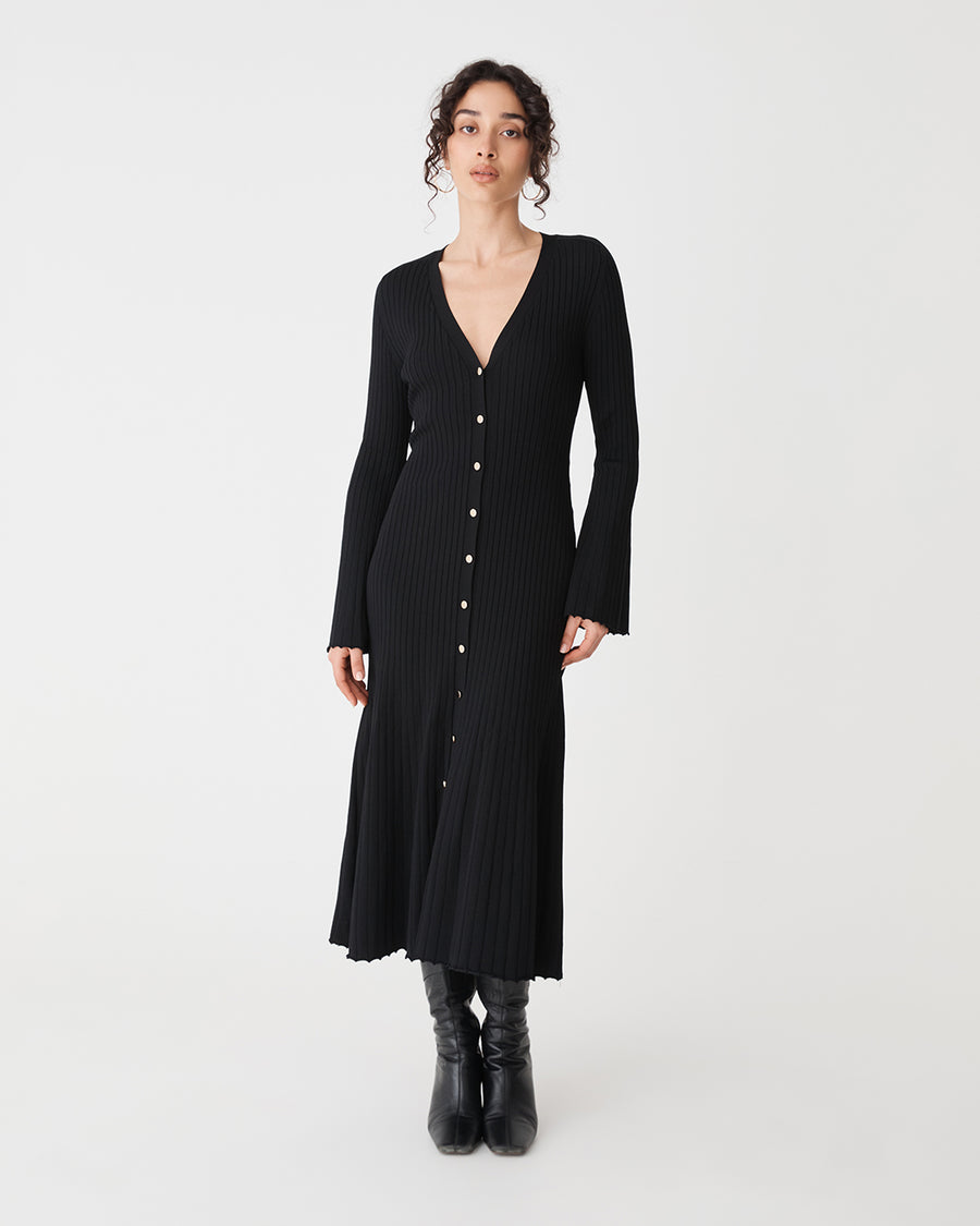 Danica V-Neck Rib Knit Dress in black — full-length view